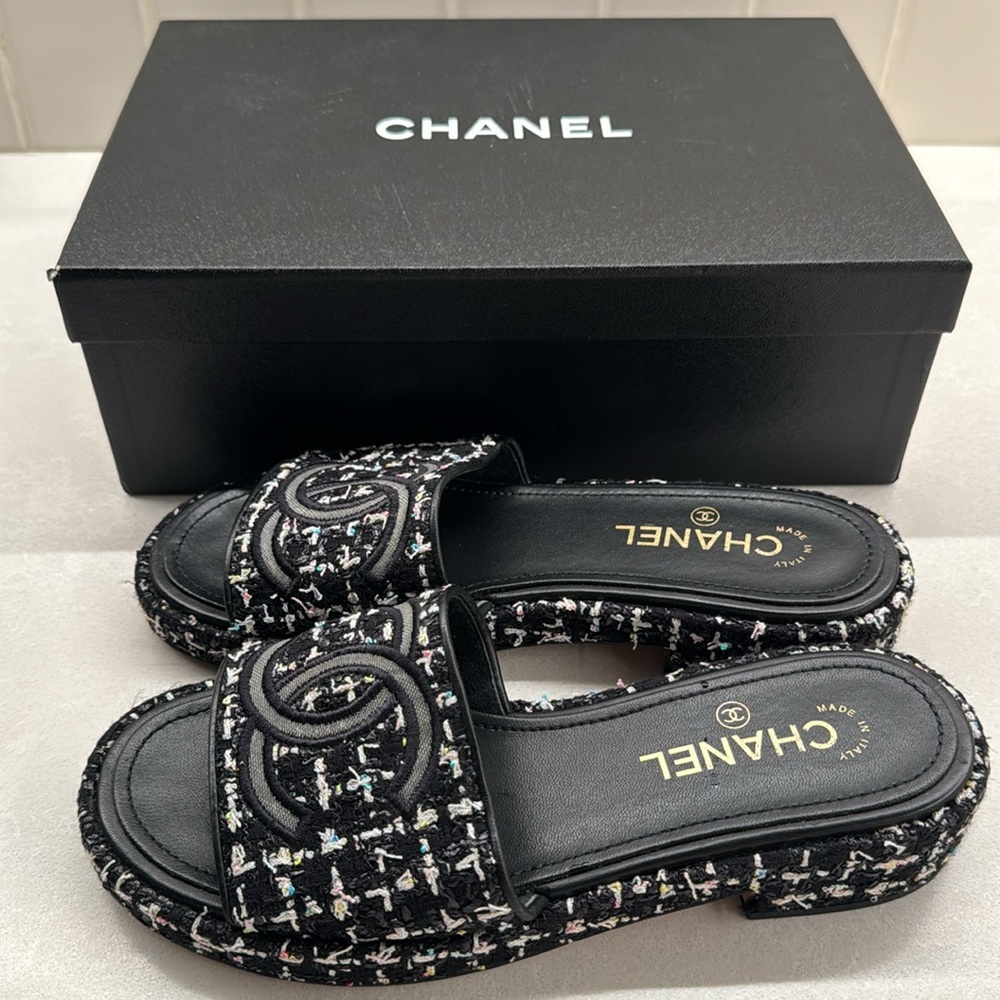 Chanel Tweed & Mesh Sandal Mules